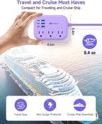 6 USB(3 USB C) Purple Travel Power Strip- 5Ft Purple Extension Cord with USB Charging Station 24W and 3 Outlets, Pink Desk Accessories for Cruise Travel Cute Kawaii Lavender Home Office Dorm Room