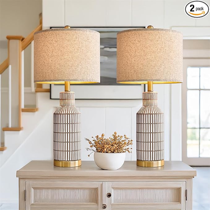 25" Table Lamps Set of 2, Modern Ceramic Bedside Lamps - Farmhouse Brown Nightstand Lamps for Bedroom, Boho Living Room End Table & Office Desk Decor