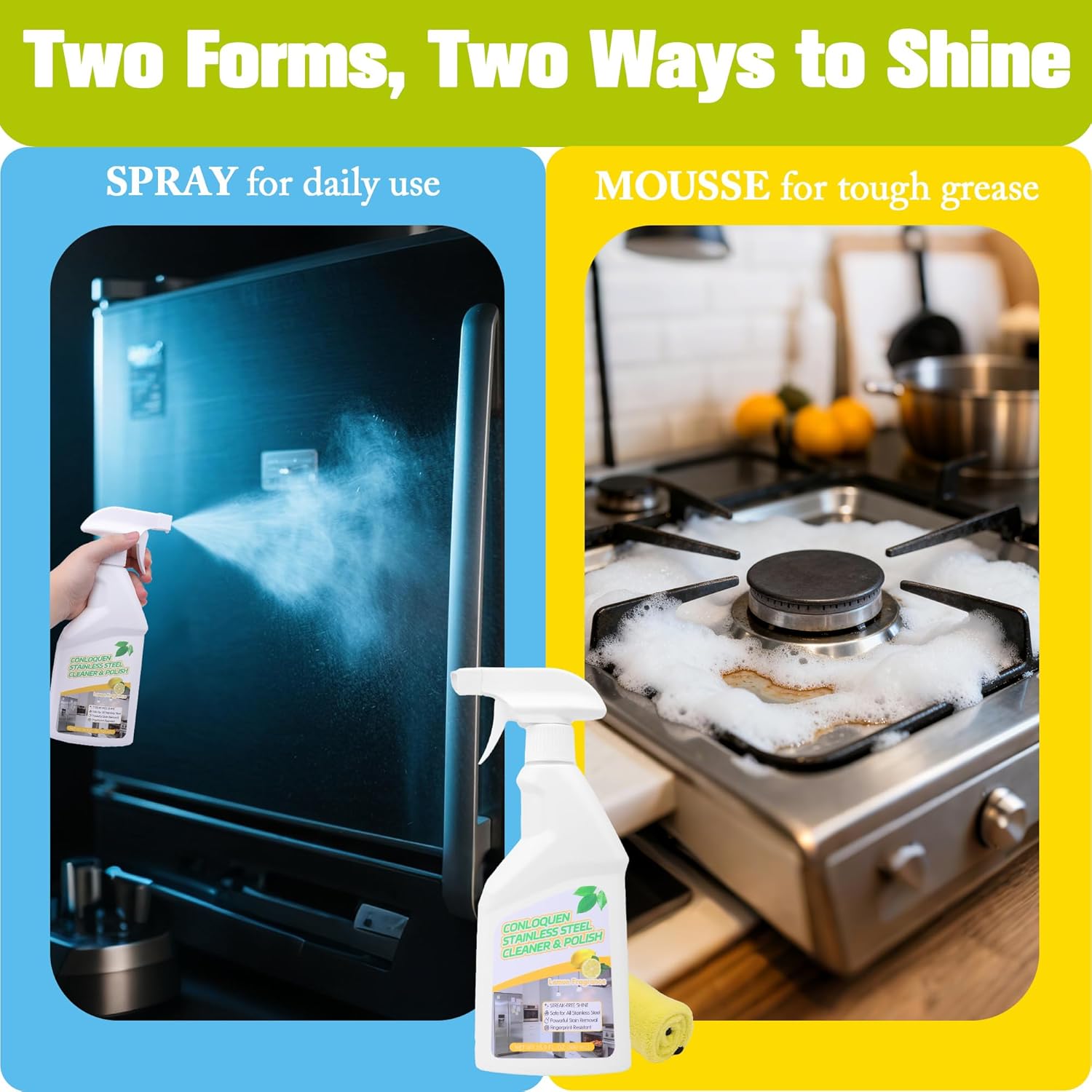 2-Pack Stainless Steel Cleaner Spray, Cleans & Polishes for Streak-Free Shine on Appliances, Range Hood, Sinks, Ovens, Refrigerators 33.8 Oz– Includes 2 Kitchen Sponges & 2 Mop Cloths, Lemon Scent