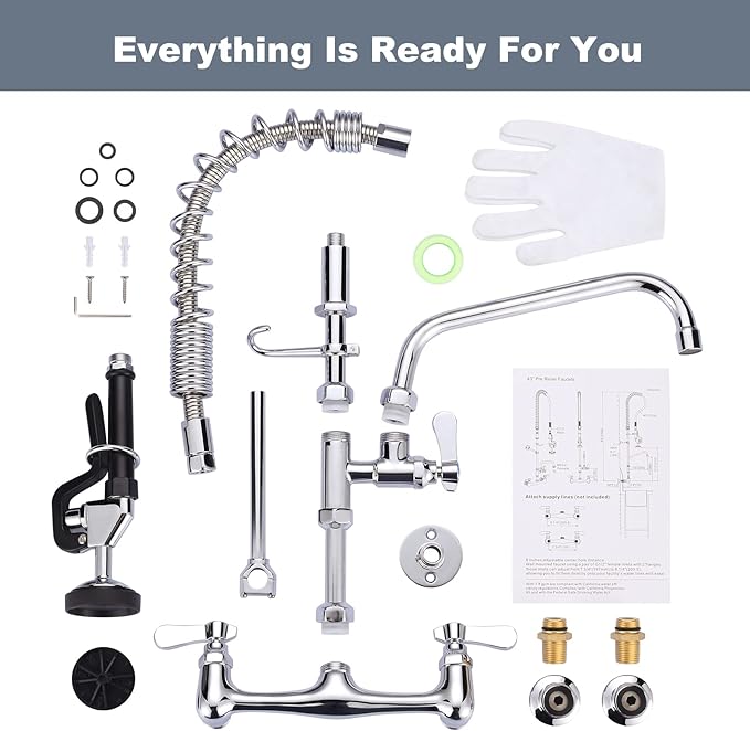 Commercial Kitchen Faucet Wall Mount with Pre-Rinse Sprayer 21" Height Wall Mount Kitchen Sink Faucet 8 Inch Center with 10" Add-on Swing Spout Faucet & Coiled Spring Pull Down Spray