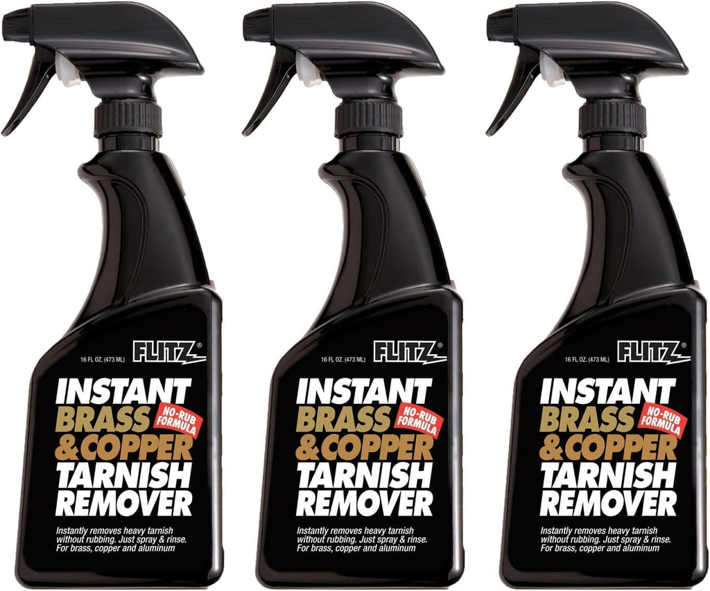 Flitz Instant Brass and Copper Tarnish Remover - 16oz Bottle of USA-Made Organic Rust Remover Spray (No-Rub) - Removes Stains & Oxidation from Glass & Aluminum - Brass Cleaners That Work (3 Pack)