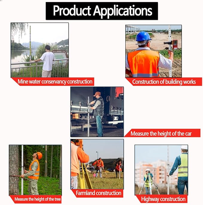 Grade Stick 9-Foot Aluminum Grade Rod - 10ths，Grade Rod，Grade Stick for Laser Level，Survey Rod，Grade Rods，Survey Pole，With Bubble Level, 3-Stage Telescopic，Double-Sided Scale Telescopic Leveling Rod