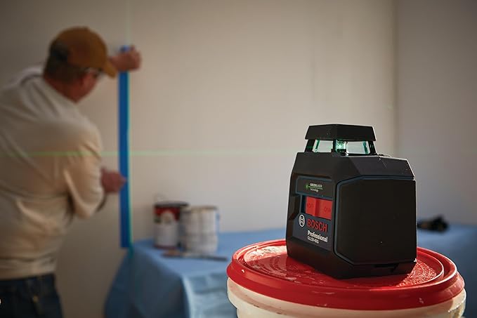 BOSCH GLL50-40G Green-Beam Self-Leveling 360 Degree Cross-Line Laser, Includes 4 AA Batteries, L-Bracket, Ceiling Clip, & Hard Carrying Case
