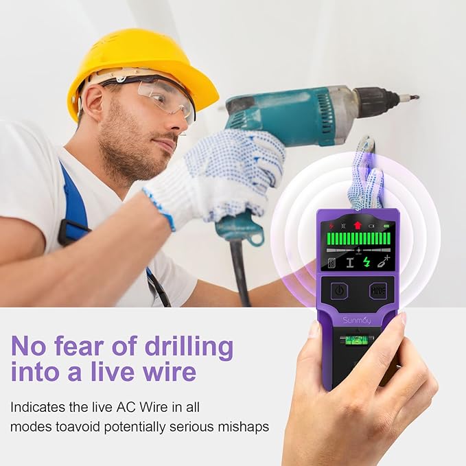 SUNMAY Stud Finder Wall Scanner - 7 in 1 Stud Detector Center Finder for Wood Metal AC Wire Joist Pipe Detection, Electronic Stud Sensor with Laser Level, LCD Display, Bubble Level & Ruler