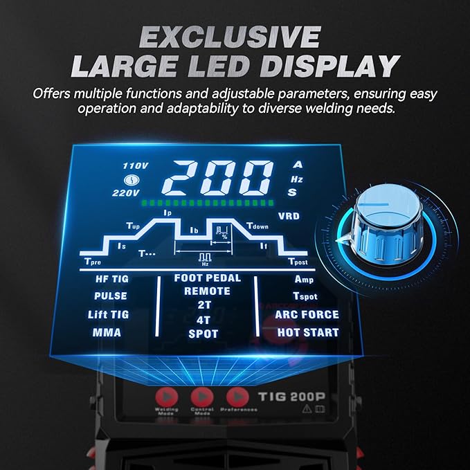 ARCCAPTAIN DC 5 In 1 TIG Welder With Pulse, 200Amp DC 5 In 1 HF/Lift/Pulse/Spot TIG & Stick, 110v/220v Dual Voltage LED Digital Display MultiProcess TIG Welding Machine with 2T/4T TIG200P