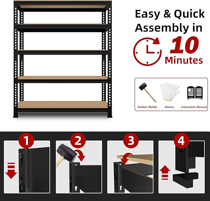 5-Shelf Heavy Duty Shelving - Adjustable Garage Storage Shelves, Metal Utility Storage Racks for Warehouse Pantry Basement Kitchen, Garage Organizers Shef Unit, Black, Packs of 4