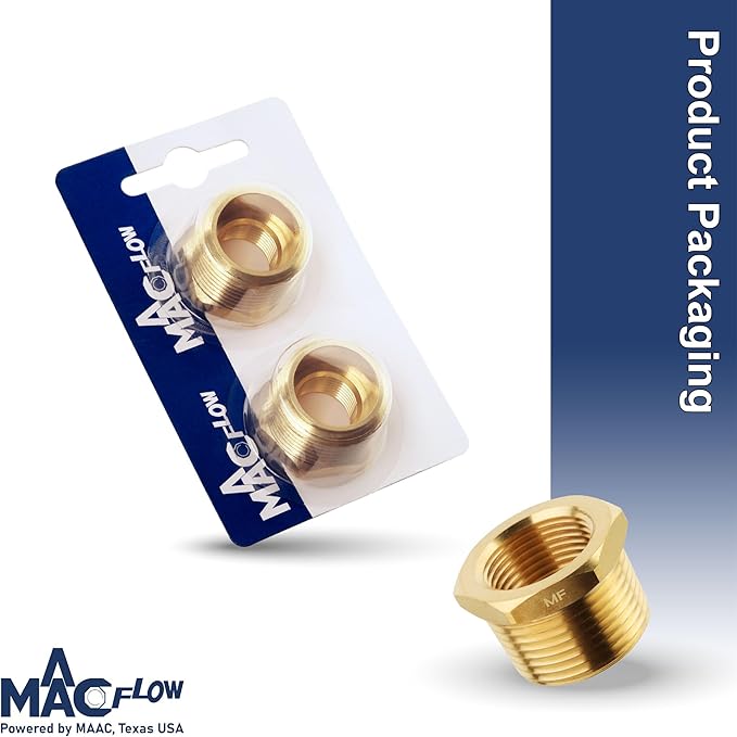 MAACFLOW brass 3/4" Male NPT to 3/8" Female NPT Adapter Reducer Hex Bushing (Thread OD1.02" - ID 0.58") (pack of 2)