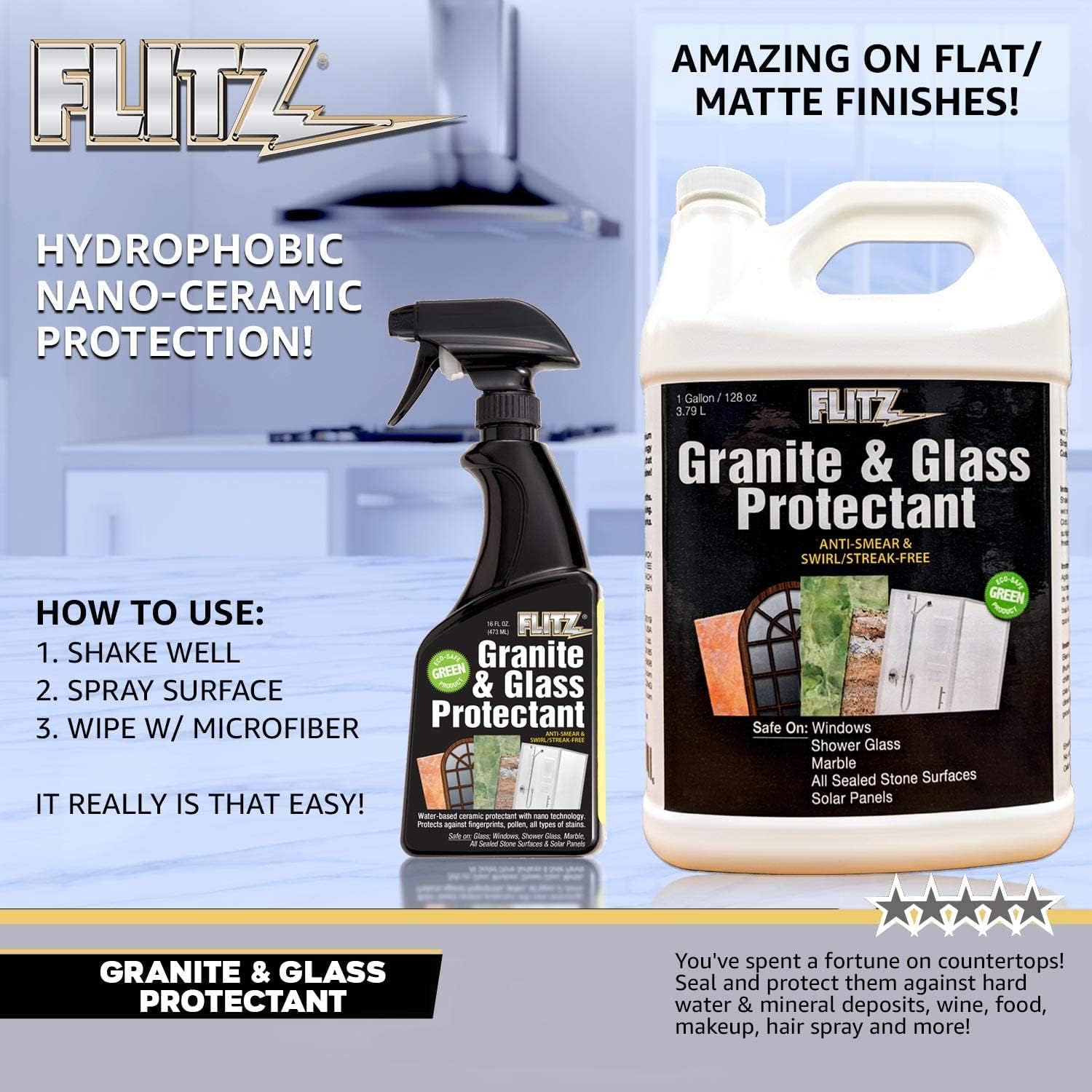 Flitz Granite & Glass Protectant - 16oz Bottle of USA-Made Granite Sealer and Glass Countertop Protector - Cleans & Prevents Liquid, Stains, & Others - Also Works on Marble & All Metals (1 Pack)