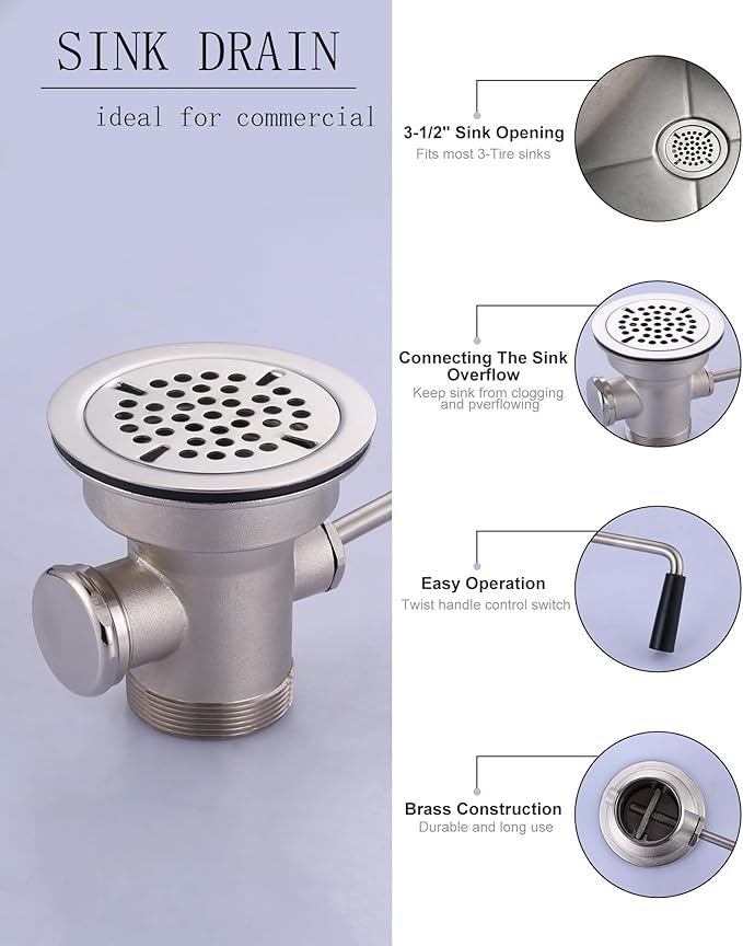 Commercial Sink Drain: 3-1/2" Sink Opening Waste Drain Valve - Brass Kitchen Sink Drain With Twist Handle - Commercial Sink Stopper Prevents Sink Clogged Overflow For Restaurant Multi-Basin Sink