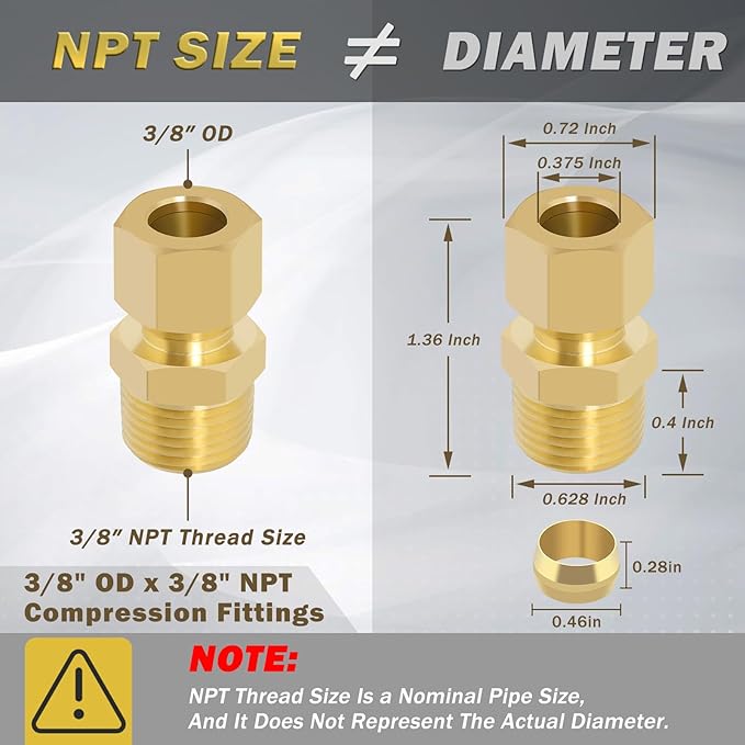 Brass Compression Tube Fitting, Straight Coupling Adapter, 10 PCS 3/8" OD x 3/8" NPT Male Compression Union Connector & 10 PCS Compression Sleeves Ferrules
