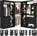 Corner Closet System with 5 Drawers, Closet Organizer System with 15+Shelvess & 4 Hanging Rods, 63.2"L * 63.2"W / 87.2"L * 39.2"W Reversible L Shaped Walk-in Closets, Load 2500+LBS, Black