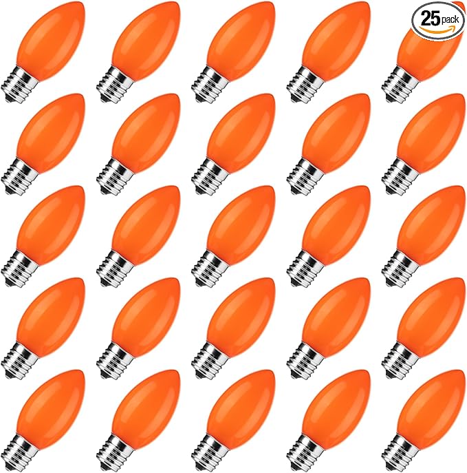 Brightown 25 Pack Orange C9 LED Christmas Light Bulbs, Orange Plastic C9 Shatterproof LED Bulbs Replacement for Halloween String Lights, E17 Intermediate Base, Commercial Dimmable Holiday Bulbs