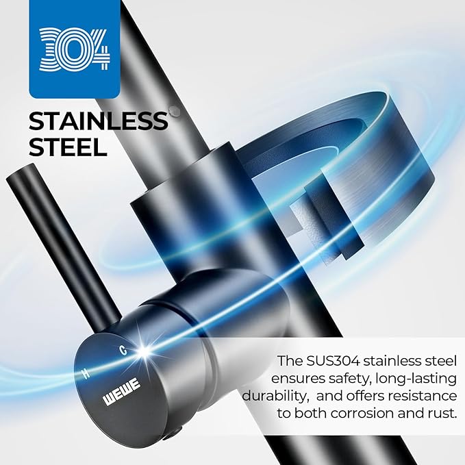 WEWE Waterfall Kitchen Faucet with Pull Down Sprayer, Black Kitchen Faucet with 3 Modes(Sweep/Stream/Waterfall) Swivel Switch Mode,Single Handle Kitchen Sink Faucet