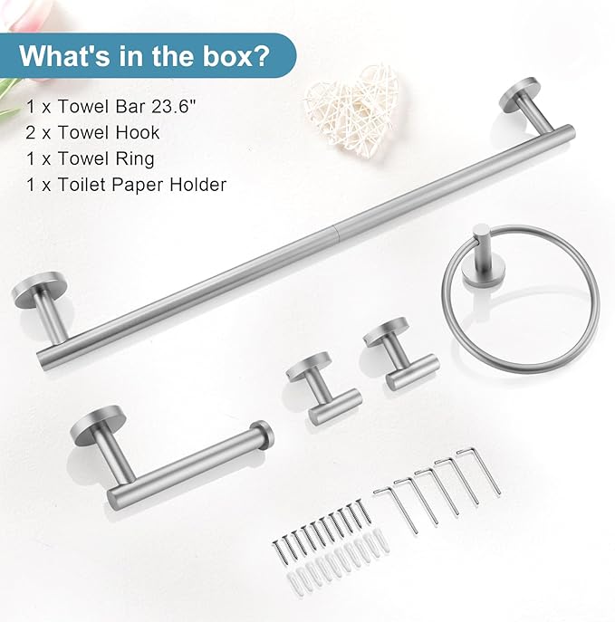 TQKAG Bathroom Towel Bar Holder Sets Brushed Nickel 23.6 Inch Round Stainless Steel Towel Bar Set 5 Piece Bathroom Accessory Set Wall Mounted