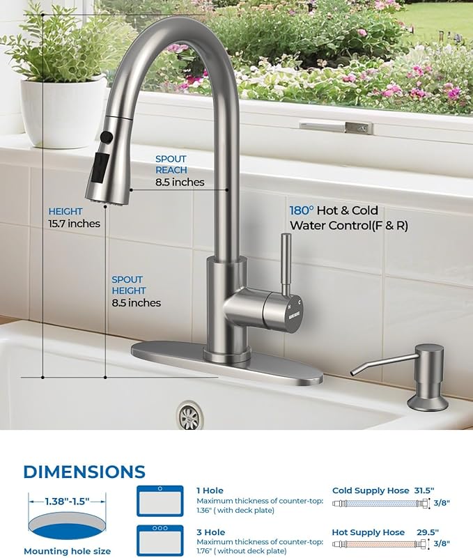 WEWE Kitchen Faucet with Soap Dispenser and Pull Down Sprayer, RV Single Handle Classic 3 Modes Stainless Steel Faucet for Kitchen Sink, RV, Brushed Nickel