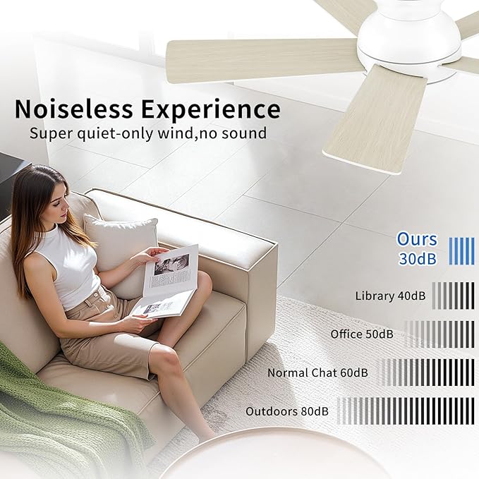 42 Inch White Ceiling Fans with Lights and Remote, LED Low Profile Flush Mount Ceiling Fan for Bedroom, Living Room, Patio, Quiet DC Motor, 5 Blades