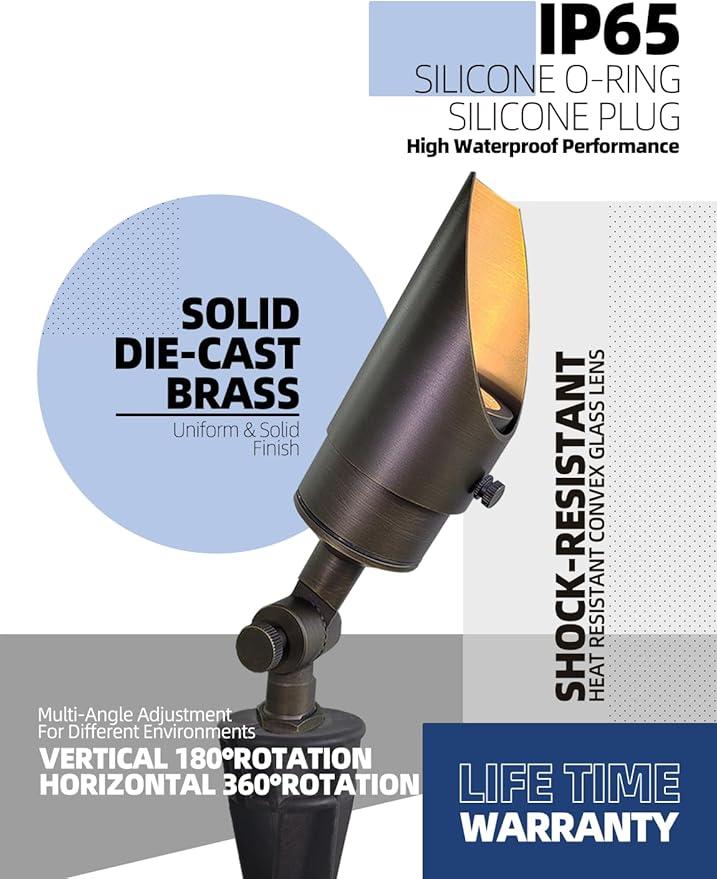MALORY Brass Landscape Spotlight 1-Pack with MR16 Bulb Kit(S04), Low Voltage 12V AC/DC Shroud Adjustable Outside Yard Lighting,PVC Ground Stake and Wire Connector Included, 5W 2700K Warm White