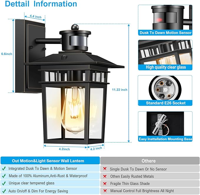 Motion Sensor Outdoor Lights Wall Mount, Dusk to Dawn Exterior Light Fixture, Anti-Rust Aluminum Waterproof, Porch Outside Wall Lights, for House Entryway Black Gold Wall Sconce Lanterns