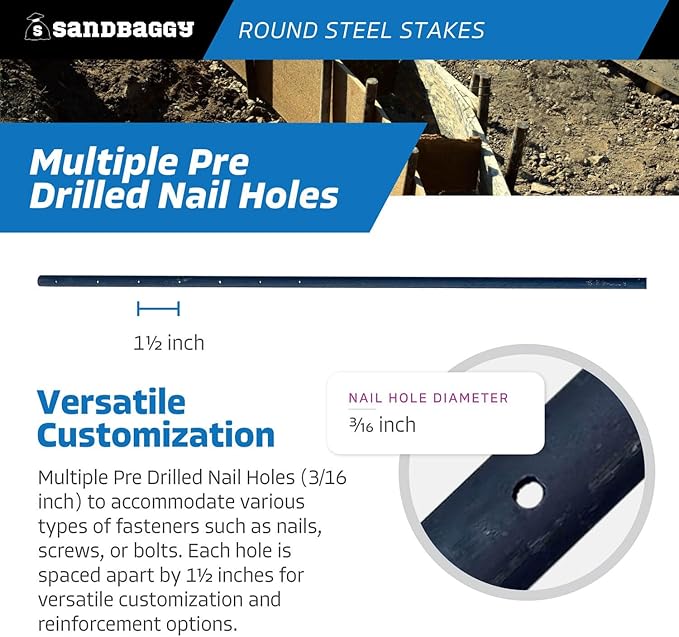 Sandbaggy 72" Round Steel Concrete Form Stakes with Nail Holes - Rust Resistant Coating - Removable, Reusable (1)