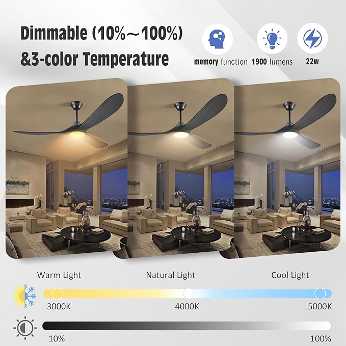 52" Black Outdoor Ceiling Fan with Light, Alexa Smart Ceiling Fan with Light Remote 3 Wood Blade Quiet Reversible DC Motor, Large Airflow Damp-rated Indoor Exterior Ceiling Fans for Patio Porch Gazebo