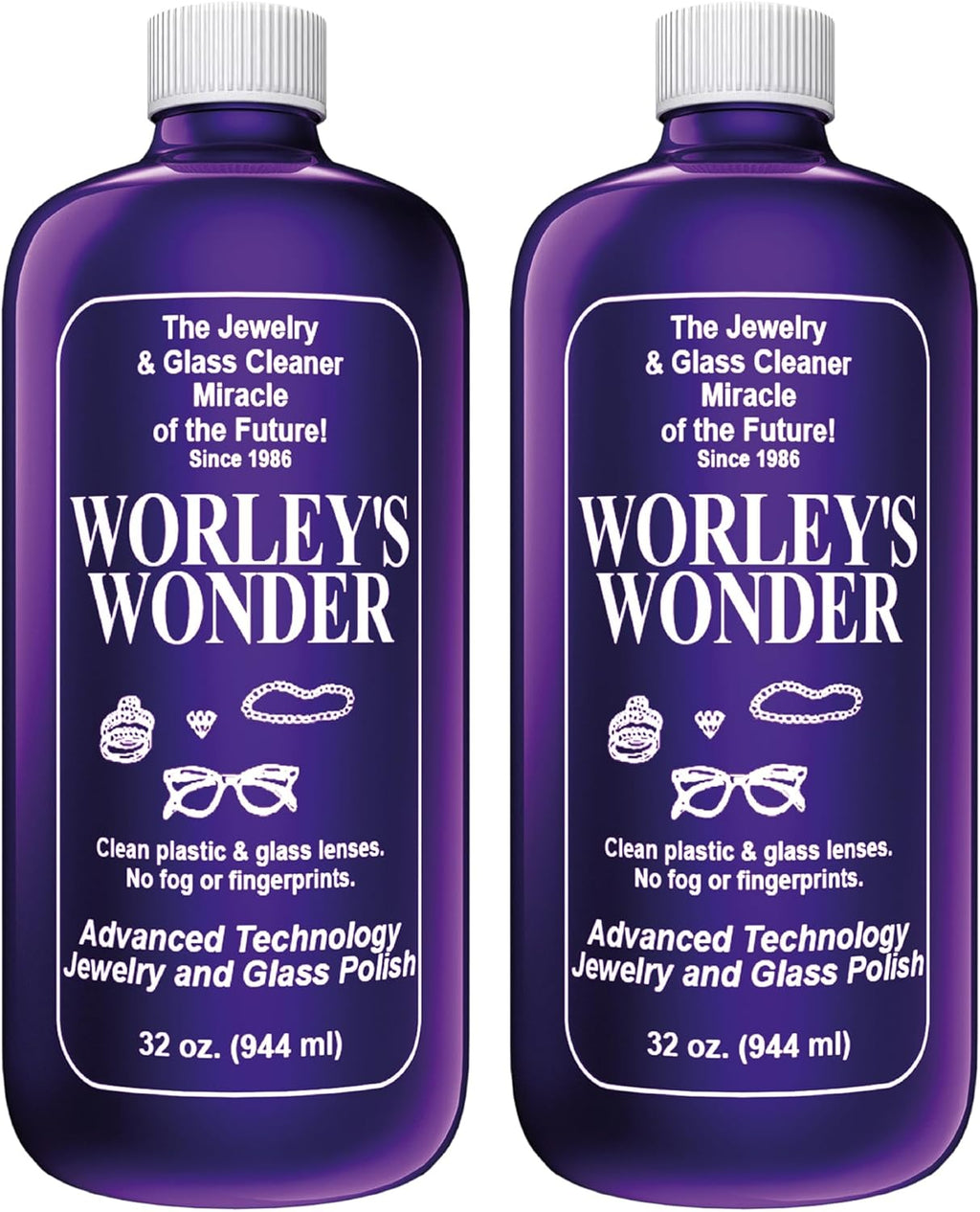 Worley's Wonder Jewelry & Glass Cleaner - Jewelry Cleaner Spray for Gold, Silver, Diamonds, Gemstones, Glass, Marble, Electronics (32 Ounce Refill Bottle - Pack of 2)