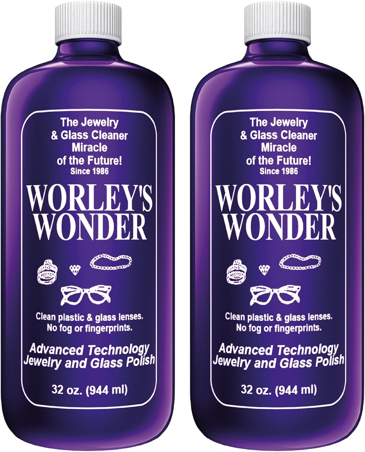 Worley's Wonder Jewelry & Glass Cleaner - Jewelry Cleaner Spray for Gold, Silver, Diamonds, Gemstones, Glass, Marble, Electronics (32 Ounce Refill Bottle - Pack of 2)
