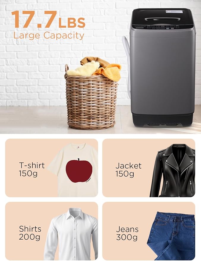 17.7 lbs Full-Automatic Washing Machine with LED Display, Laundry Washer with Drain Pump, 10 Wash Programs 8 Water Levels Washer & Spinner for Home, Apartment, Dorms, Grey