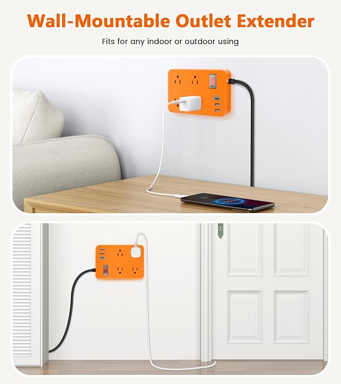 Outdoor Power Strip Weatherproof,Fast Charging Station 20W USB C,Waterproof Surge Protector 4 Outlets, Multi Outlet Extension for Camping, Garden, Kitchen,Bathroom,Flat Plug (Orange, 10 FT Cable)