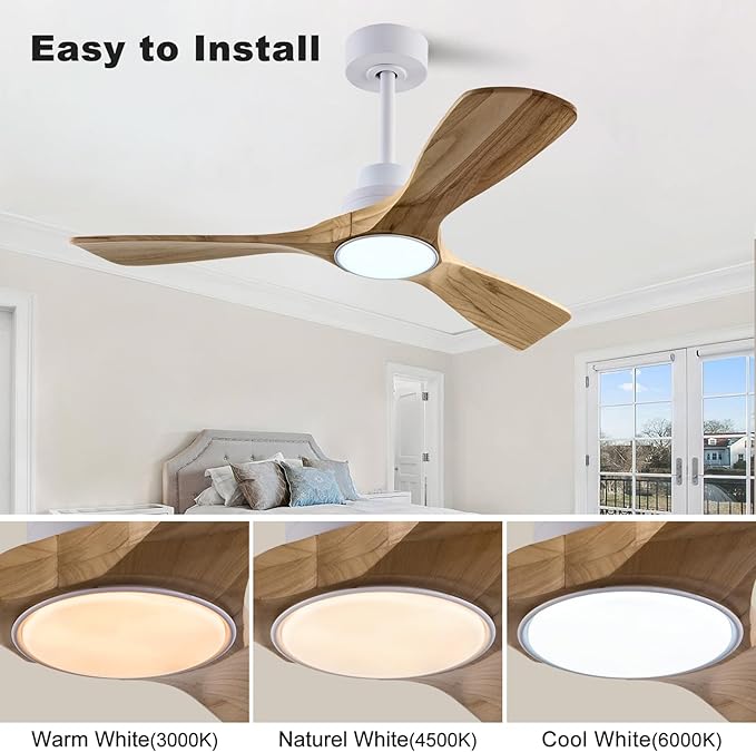 42" Wood Ceiling Fan with Lights Remote Control,Quiet DC Motor 3 Blade Ceiling Fans for Patio Living Room, Bedroom, Office,Indoor Outdoor(Raw wood+White)