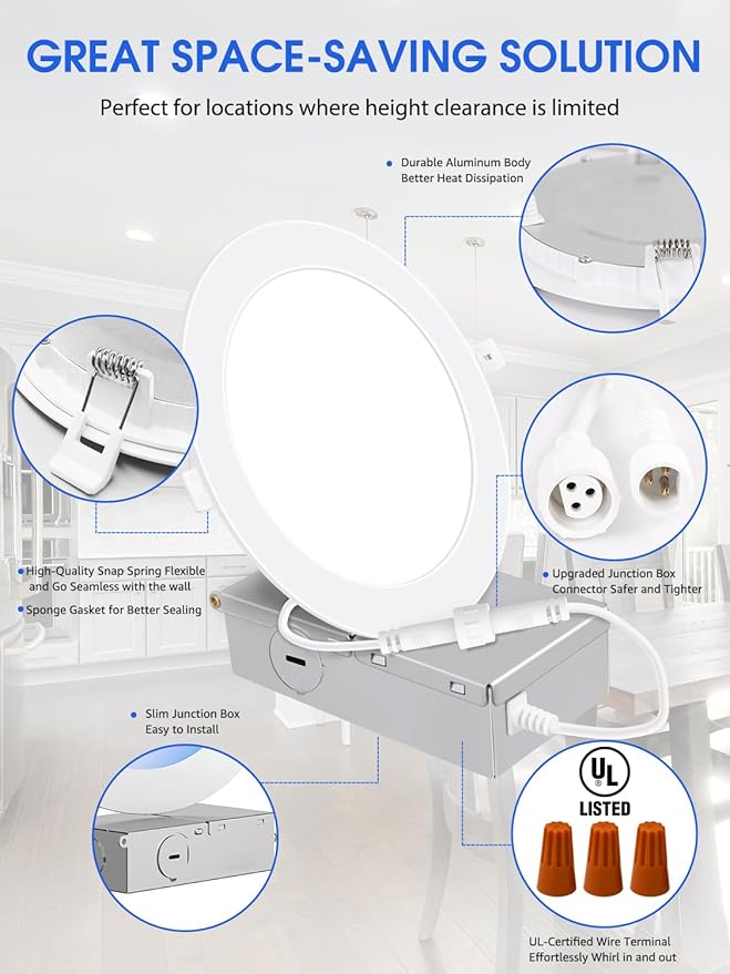 12 Pack 6 Inch Ultra-Thin LED Recessed Ceiling Light with Junction Box, Daylight 5000K, 1050LM Brightness, 12W 110W Eqv, Dimmable Canless Wafer Downlight - ETL & FCC Certified