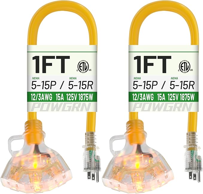 POWGRN 1 FT 2 Pack 12/3 Gauge Extension Cord with Multiple Outlets Outdoor, 3 Outlet Extension Cord Heavy Duty Yellow with Lighted, Tri-Tap Power Cable, 12AWG 15Amp 1875Watts 125Volts SJTW, ETL Listed