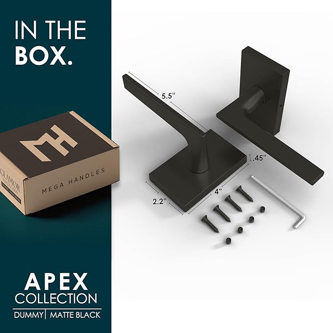 Mega Handles Apex Dummy Door Handles - 2 Pack Heavy Duty Black Door Handle, Non-Turning Door Handle for Hallway, Closet & French Doors, Single Side, Fits All Standard Doors - Matte Black