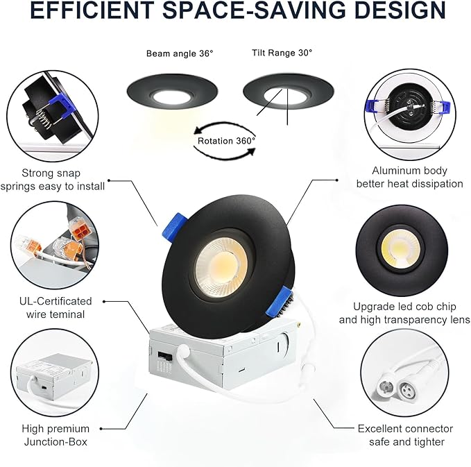 4 Pack Black 3-inch 5 CCT Gimbal LED Recessed/Downlight Color Selectable 2700K/3000K/3500K/4000K/5000K 800Lm 10W 120V Dimness Adjustable LED Lights