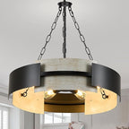 Industrial Drum Chandelier 24" 6-Light Modern Chandelier Black Metal Hanging Light Fixture Weathered Wood Grain for Living Dining Room Foyer Entryway Kitchen