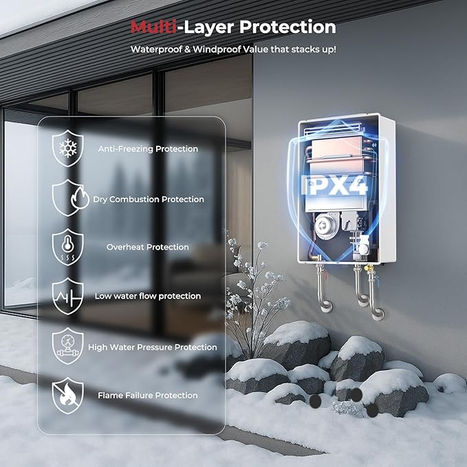 CAMPLUX Climatech 5 199,000 BTU Tankless Water Heater Gas Outdoor, 6.86 GPM Instant On Demand Gas Tankless Hot Water Heater Natural Gas, 3-6 Persons Whole House, Outdoor Installation, White, CSA