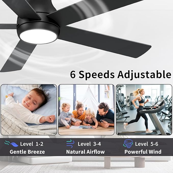 60 Inch Black Ceiling Fans with Lights and Remote, LED Low Profile Flush Mount Ceiling Fan for Bedroom, Living Room, Quiet DC Motor, Dimmable 6 Speeds