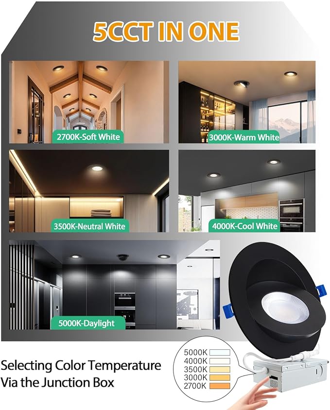 zouzai 6 inch 5CCT Gimbal Black Led Recessed Lights, 360°+90° Adjustable Directional Recessed Lighting, 2700K-5000K Dimmable Retrofit Eyeball Can Lights with Jbox, ETL&Energy Star(Black,1 Pack)