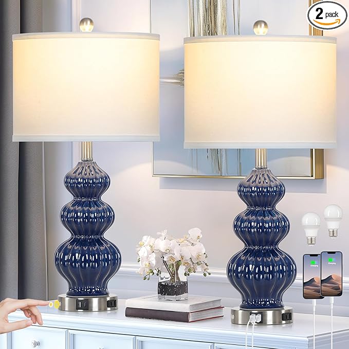Triple Gourd Ceramic Table Lamps Set of 2, Modern Blue Bedside Lamps with USB A+C Ports & AC Outlet, 3 Way Touch Control Contemporary Nightstand Lamps for Bedroom Living Room
