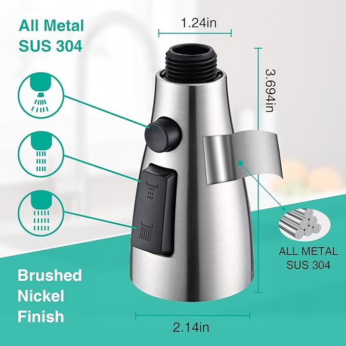 Metal Kitchen Faucet Head Replacement, 3-Function Pull Down Spray Head for Kitchen Faucet, High Pressure Sink Spray Nozzle with 9 Adapters Compatible with American Standard, Brushed Nickel