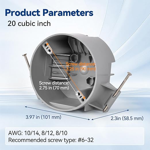 20 Cubic Inch New Work Ceiling Electrical Box, Round Electrical Box for New Construction, PVC, UL Listed, 6 Pack