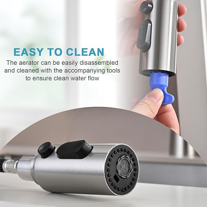 Metal Kitchen Faucet Head Replacement, 3-Function Pull Down Spray Head for Kitchen Faucet, High Pressure Sink Spray Nozzle with 9 Adapters Compatible with Most Faucets, Brushed Nickel