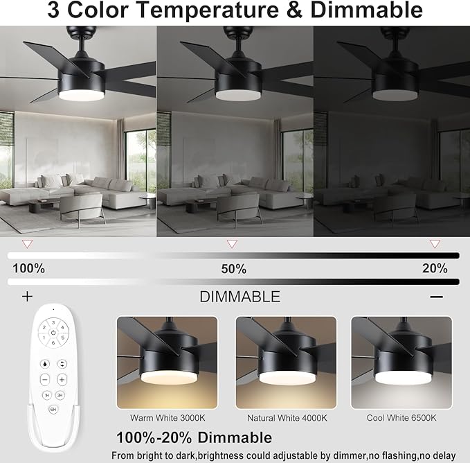 52 inch Black Ceiling Fans with Lights and Remote Control, Noiseless Modern Ceiling Fan for Bedroom, Living Room, Dining Room, Dimmable 3CCT 6-Speed ETL Listed