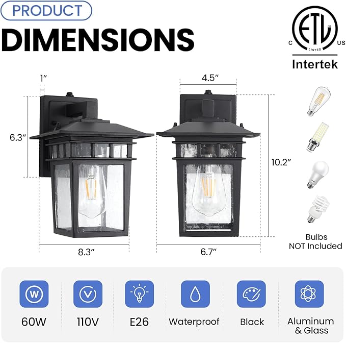 Outdoor Wall Lantern, Exterior Lighting Fixtures Wall Mount, 2 Pack Black Outdoor Sconce with Seeded Glass, Dusk to Dawn Exterior Porch/Patio Lights for House Front Door Garage