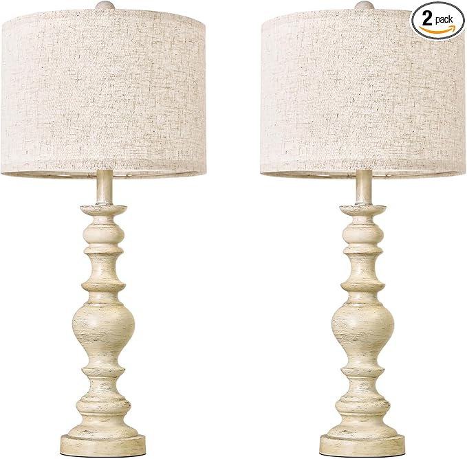 BOBOMOMO 27" Antique White Table Lamps Set of 2, Large Vintage Resin Lamps with Linen Shades, Farmhouse White Lamps for Bedroom, Living Room, or Console Table Elegant Home Décor