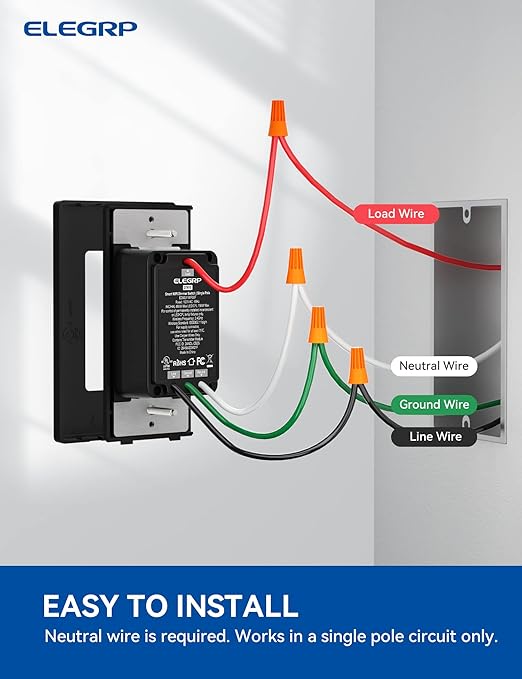 ELEGRP Single Pole Smart Dimmer Light Switch DPR10, 2.4GHz Wi-Fi Dimmer Switch Compatible with Alexa and Google Assistant, Needs Neutral Wire, No Hub Required, UL and FCC Listed, Black, 1 Pack