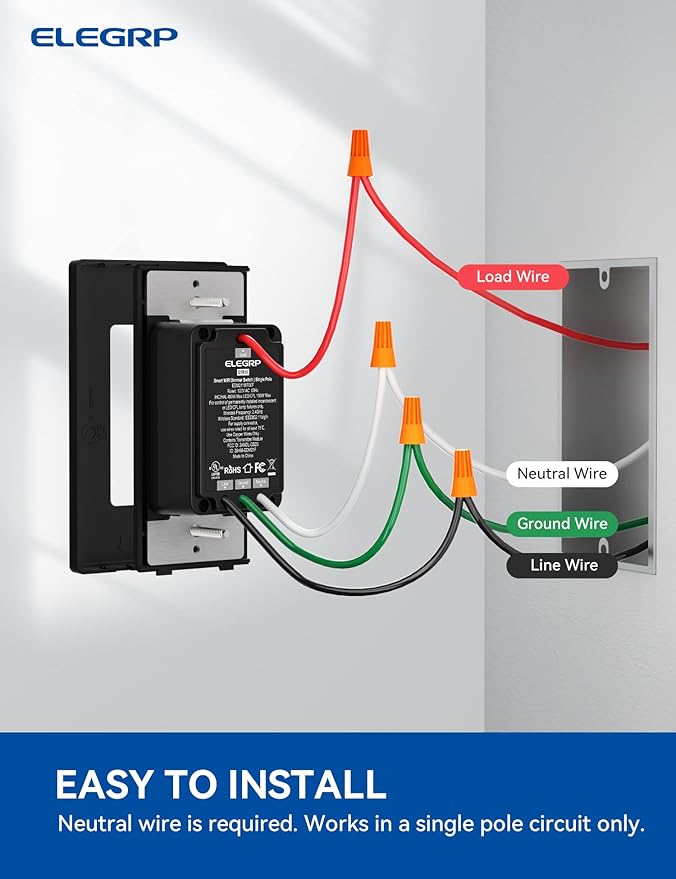 ELEGRP Single Pole Smart Dimmer Light Switch DPR10, 2.4GHz Wi-Fi Dimmer Switch Compatible with Alexa and Google Assistant, Needs Neutral Wire, No Hub Required, UL and FCC Listed, Black, 2 Pack