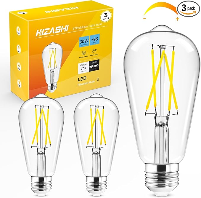 Hizashi LED Edison Bulbs, 6W, Equivalent 60W, Dimmable E26 LED Bulb, Daylight 5000K, 90+ CRI 700 Lumens, ST19 Vintage Light Bulbs, Clear Glass, Pack of 3