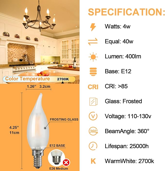 Chandelier Frosted Light Bulbs 4W (40W Equivalent), Candelabra Candle E12 LED Bulb Type B Soft Warm White Color 2700k,Dimmable for Dining Room,Light Fixture,Chandelier,15 Pack