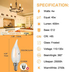 Chandelier Frosted Light Bulbs 4W (40W Equivalent), Candelabra Candle E12 LED Bulb Type B Soft Warm White Color 2700k,Dimmable for Dining Room,Light Fixture,Chandelier,15 Pack