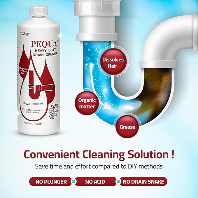 PEQUA INDUSTRIES Pequa Heavy Duty Drain Opener, Non-Acid, Fast-Acting Formula, Industrial strength Drain Cleaner for Sinks, Tubs, Septic Tanks - 32 Oz (Pack of 4)